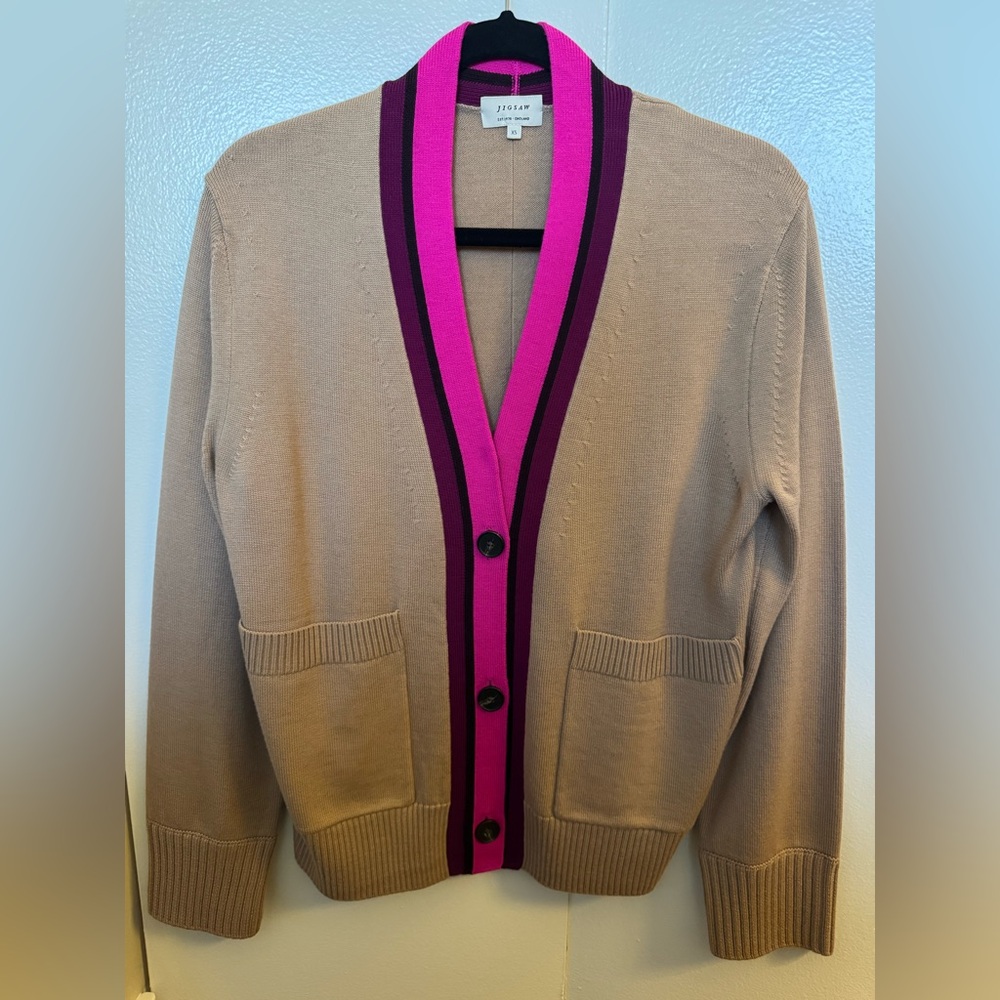 Jigsaw Tan Cardigan with Pink and Purple Accents